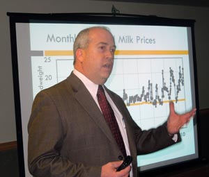 University of Missouri ag economist Scott Brown speaks at the Heart of America Dairy Expo in Springfield, Mo., Jan. 24, 2013.