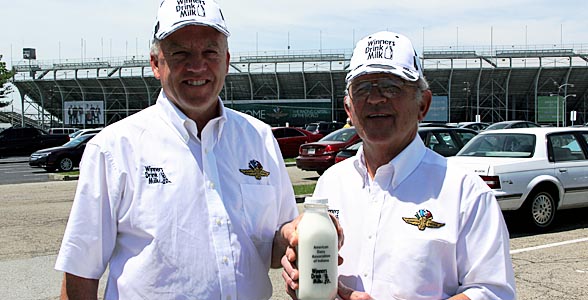 Rookie Milkman Ken Noe of Rushville, Ind. and Milkman Duane Hill of Fountain City, Ind. with the coveted glass bottle of milk for the winner of the Indy 500.