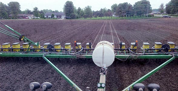 A view out the back window of Illinois farmer Matt Bennett's tractor cab.