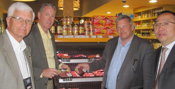 Among those participating in a Iowa Meat Trade Mission to China were (l-r) beef producers Roger Brummett and Dean Black, and ag secretary Bill Northey. They’re joined by Cui Yi Xiong, president of City Shop, an upscale supermarket in Shanghai. (Photo: Iowa Beef Industry Council)