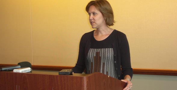 Darci Vetter, the new chief ag negotiator in the Office of the U.S. Trade Representative, meets with the media at the U.S. Grains Council summer meeting in Omaha.